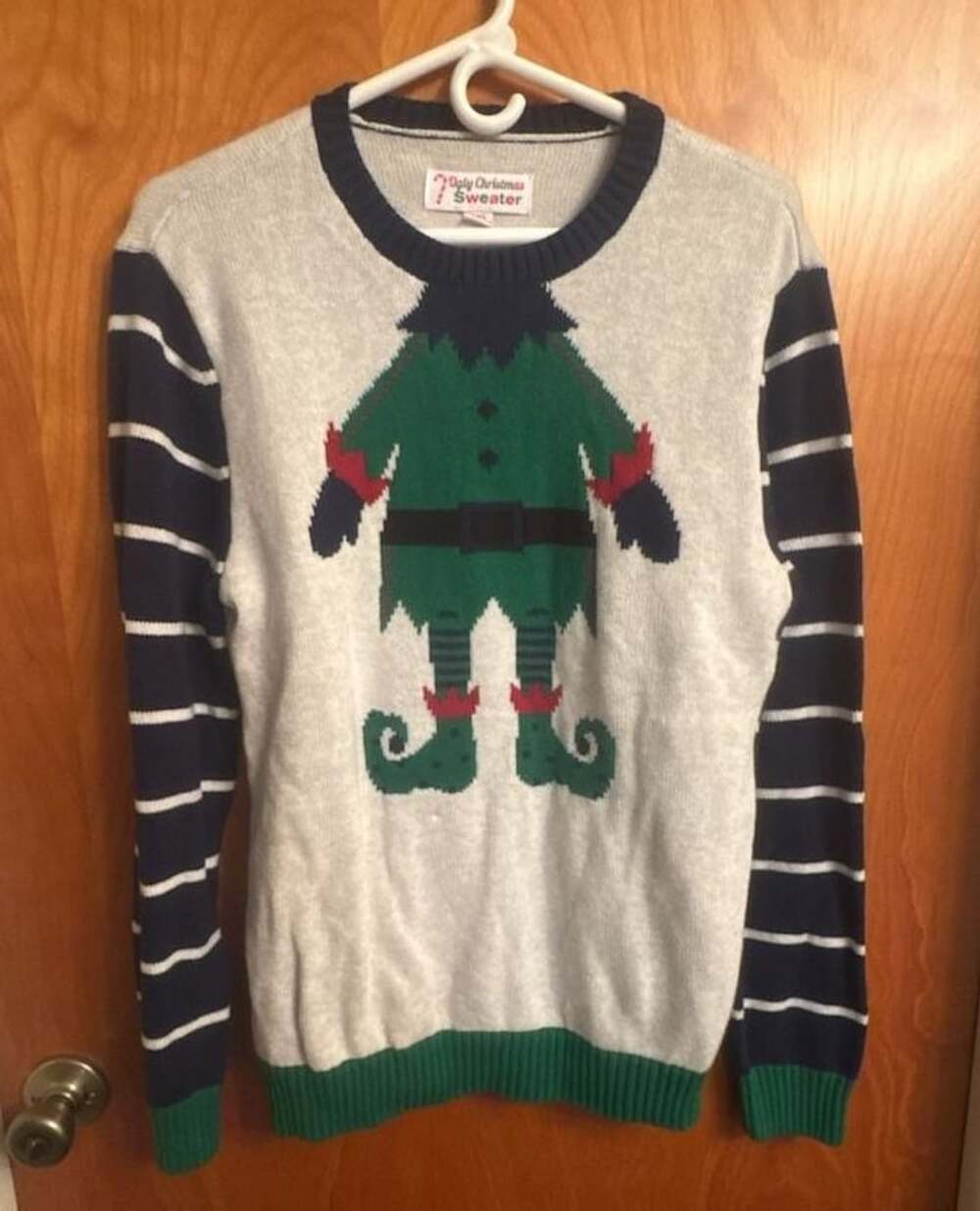 Ugly Christmas Sweater Elf Size M Striped Sleeves